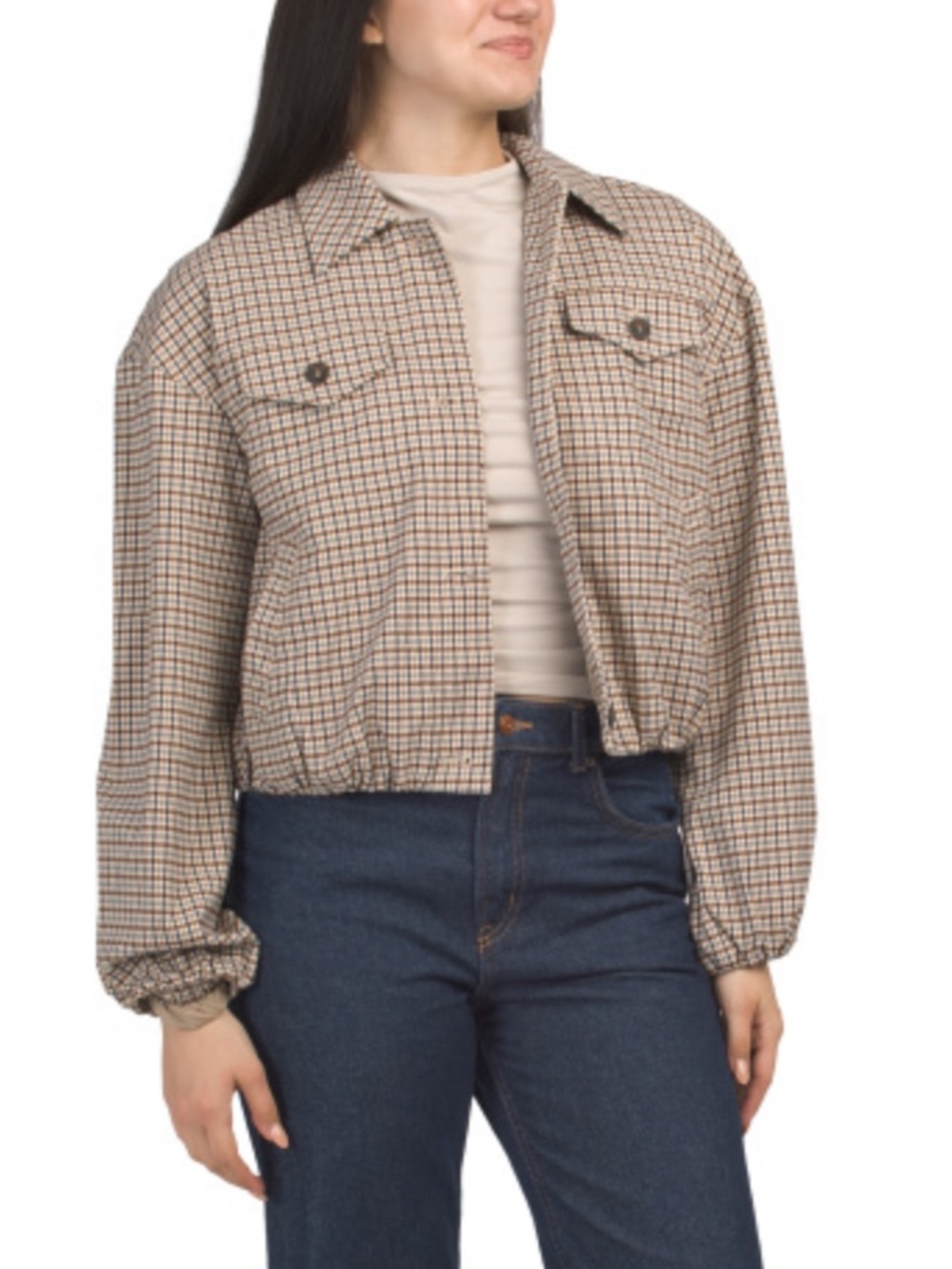Bagatelle bubble trucker jacket Plaid Crop Shacket Jacket - Neutral Taupe